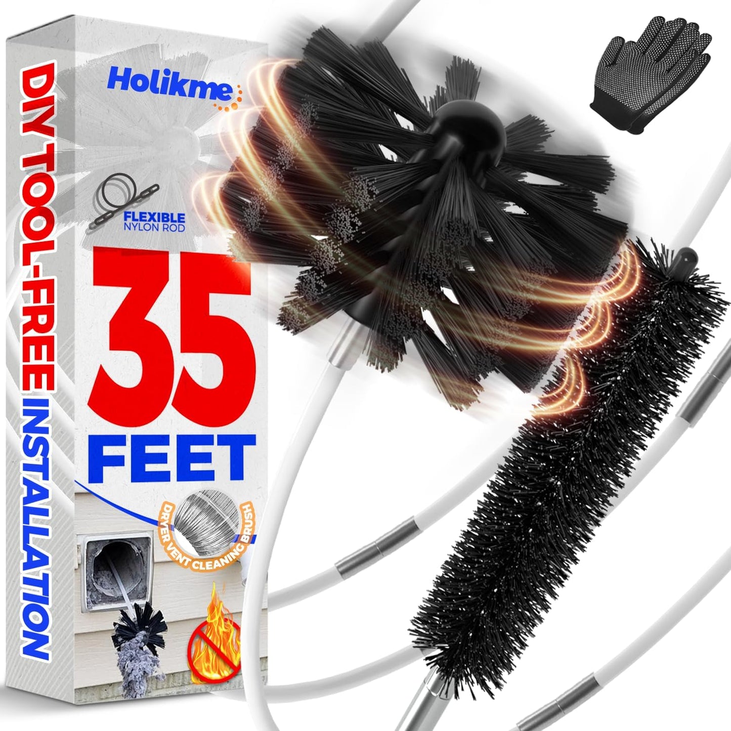 Holikme 35 Feet Dryer Vent Cleaner Kit, Flexible Lint Brush with Drill Attachment, Fireplace Chimney Brushes for Easy Cleaning, Use with or Without a Power Drill
