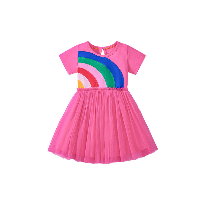 Summer Arrival Rainbow Pattern Short Sleeves Tulle Patchwork Dress for Stylish Girls-4