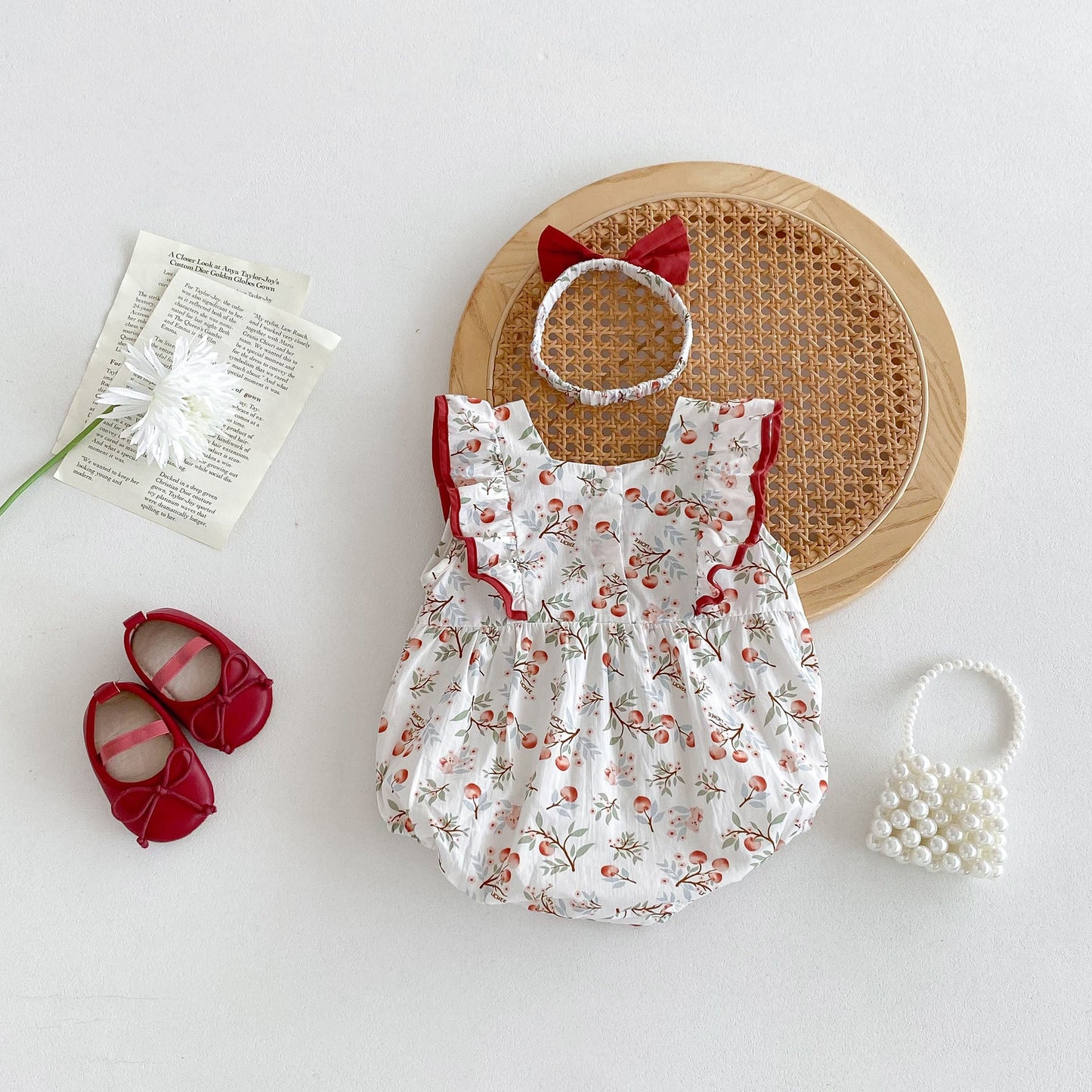 New Design Summer Baby Kids Girls Cherry Pattern Square Neck Sleeveless Big Bow Onesies-1