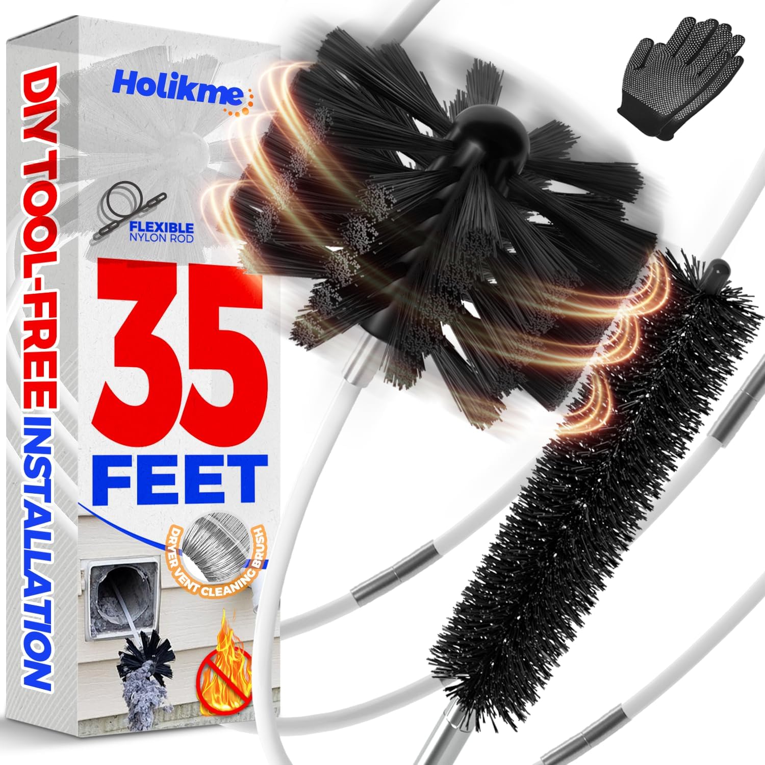 Holikme 35 Feet Dryer Vent Cleaner Kit, Flexible Lint Brush with Drill Attachment, Fireplace Chimney Brushes for Easy Cleaning, Use with or Without a Power Drill