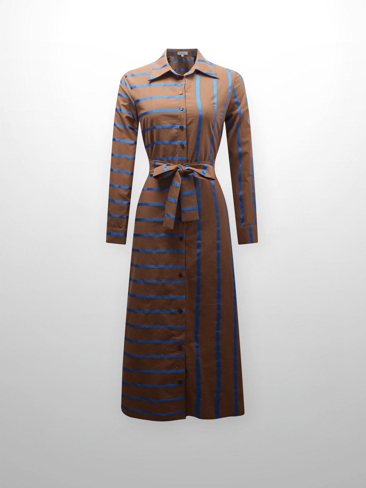 Long Button Down Shirtdress-Brown/Blue Stripe-1