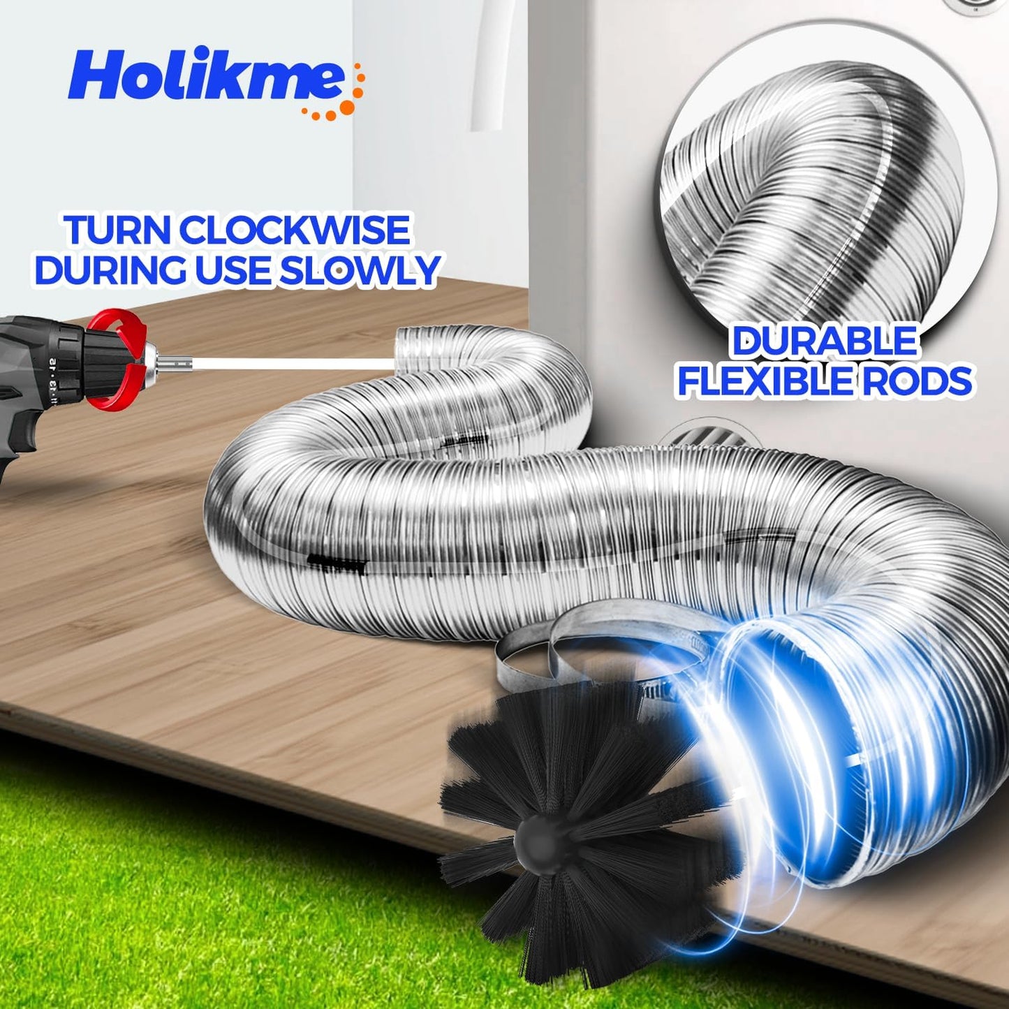 Holikme 35 Feet Dryer Vent Cleaner Kit, Flexible Lint Brush with Drill Attachment, Fireplace Chimney Brushes for Easy Cleaning, Use with or Without a Power Drill