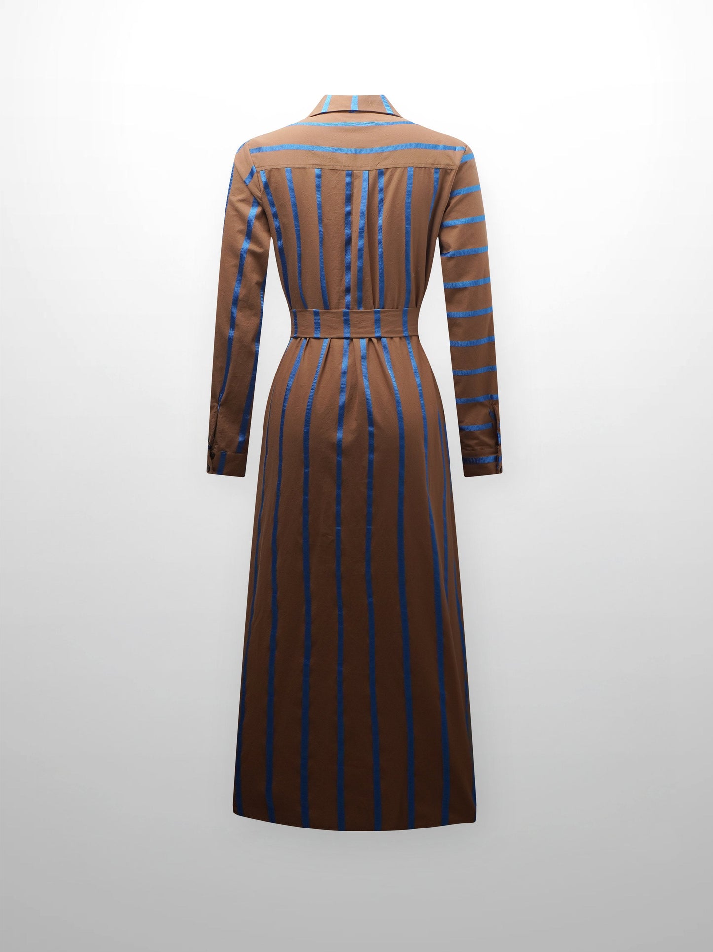 Long Button Down Shirtdress-Brown/Blue Stripe-2