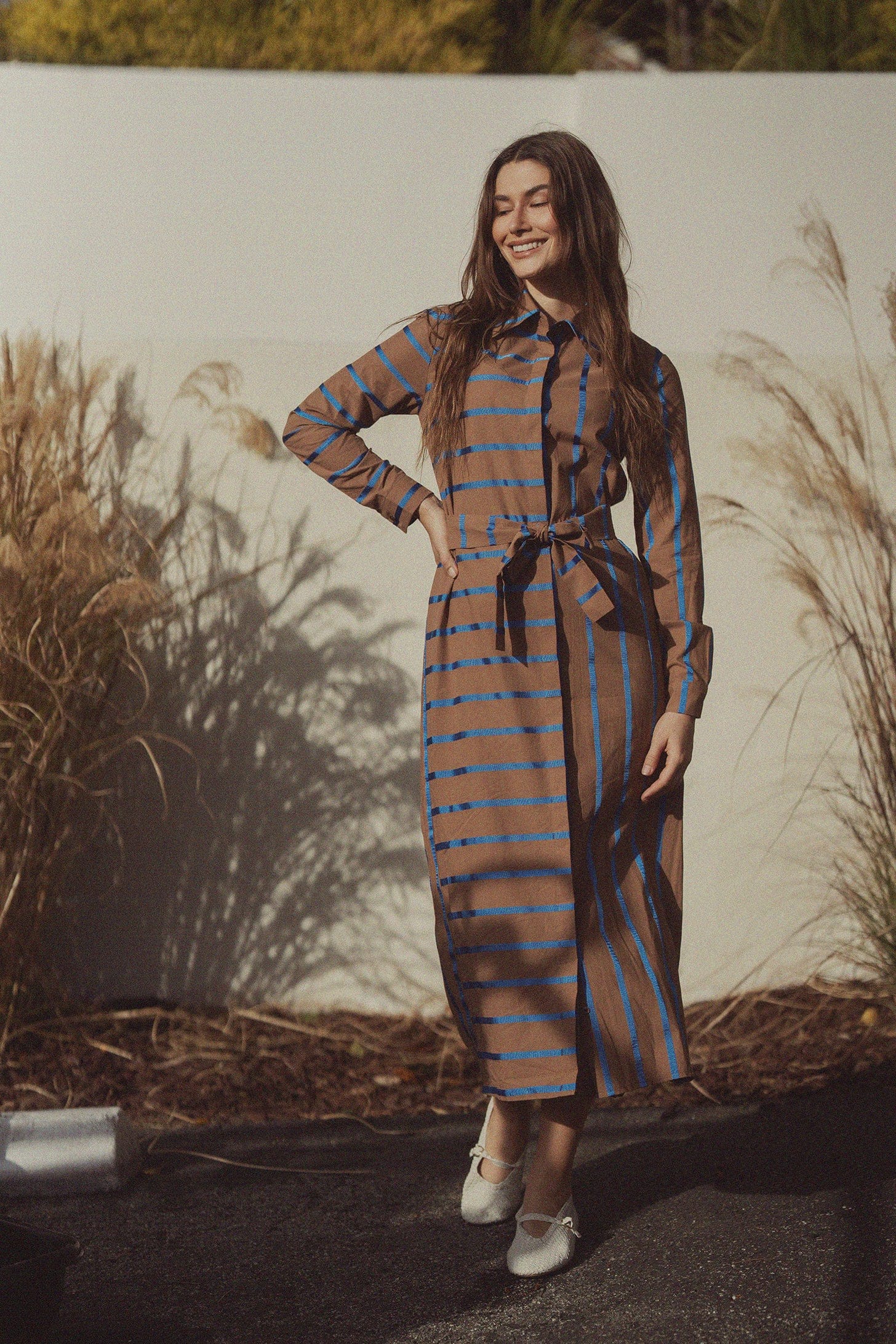 Long Button Down Shirtdress-Brown/Blue Stripe-0
