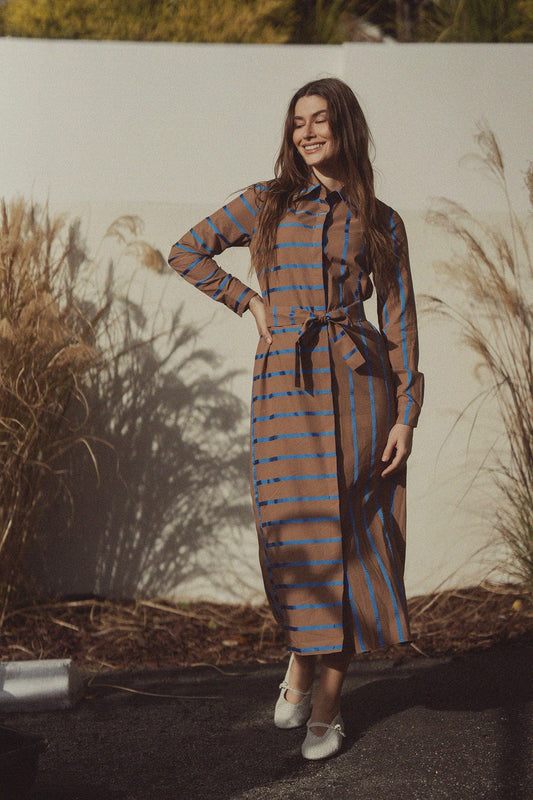 Long Button Down Shirtdress-Brown/Blue Stripe-0
