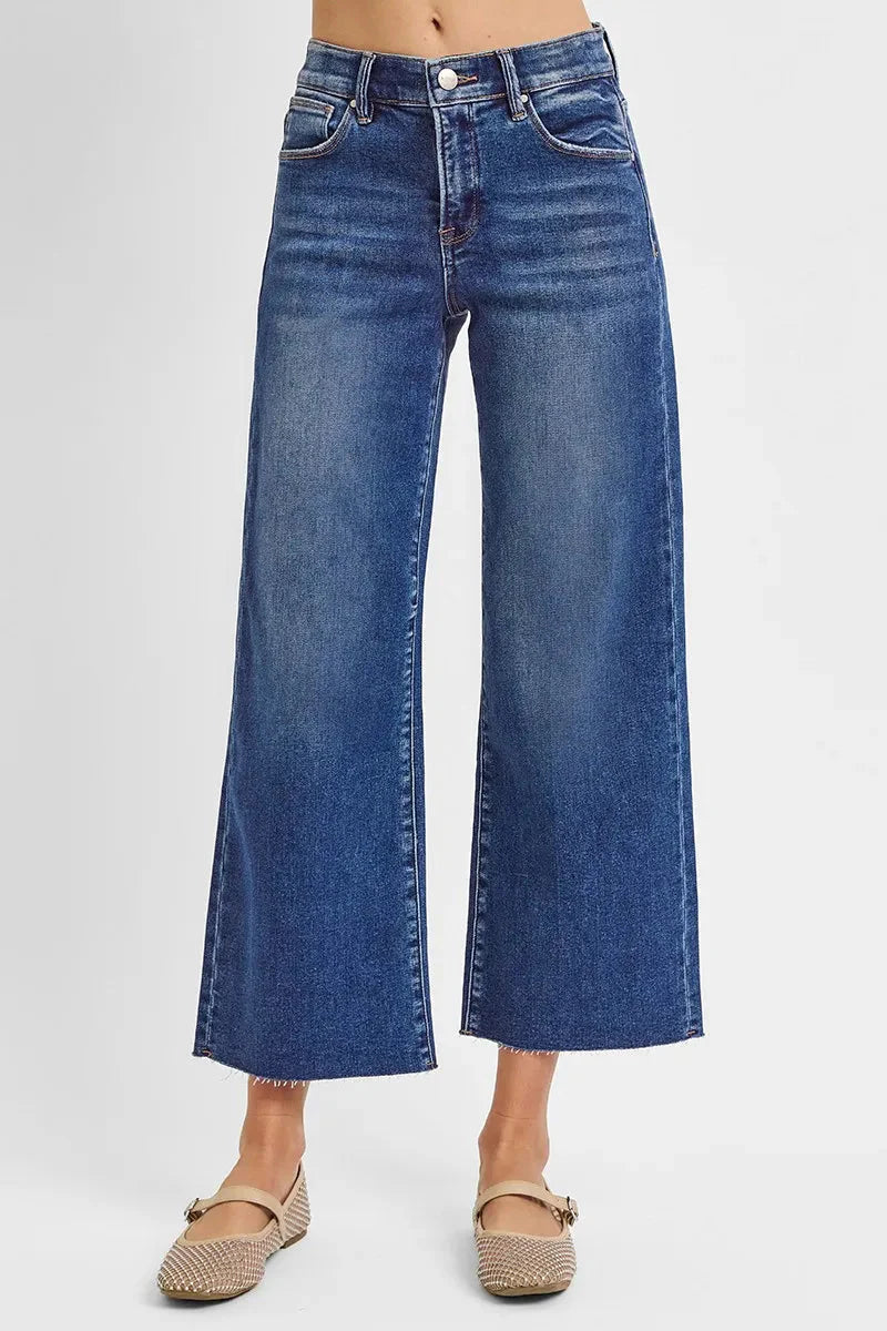 High Rise Raw Hem Cropped Wide Leg RISEN Jeans