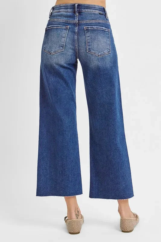 High Rise Raw Hem Cropped Wide Leg RISEN Jeans