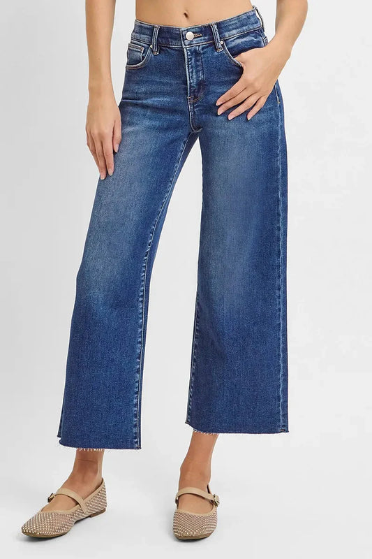 High Rise Raw Hem Cropped Wide Leg RISEN Jeans