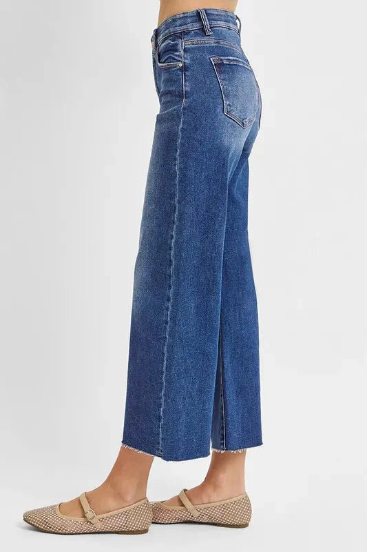 High Rise Raw Hem Cropped Wide Leg RISEN Jeans