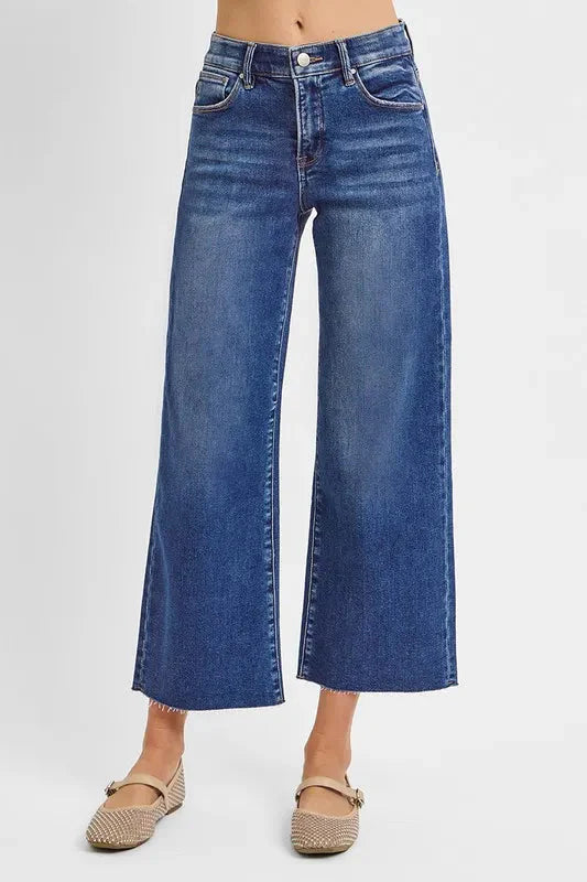 High Rise Raw Hem Cropped Wide Leg RISEN Jeans
