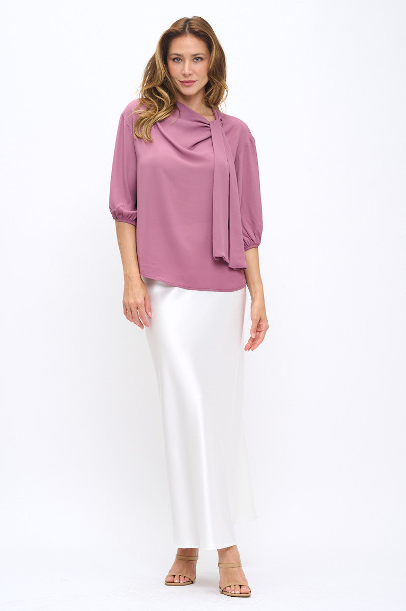 Solid Sheer 3/4 Sleeve with Scarf Detail-5