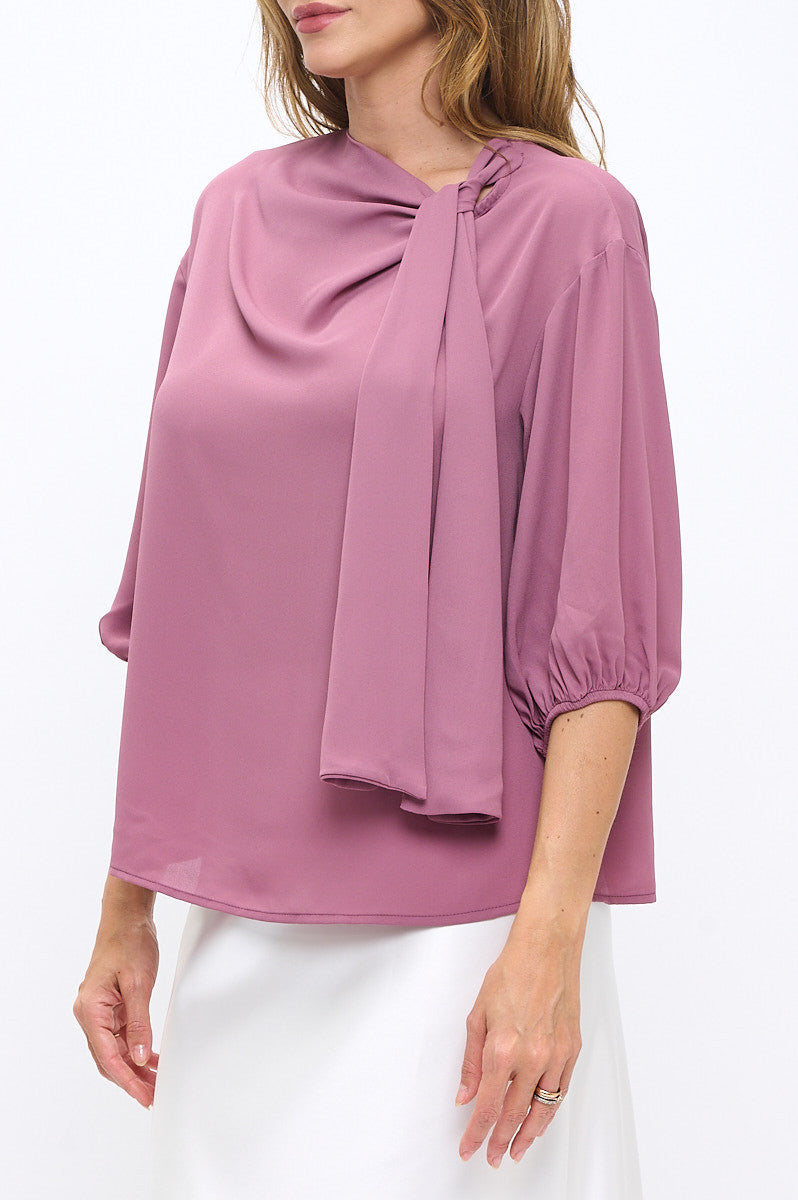 Solid Sheer 3/4 Sleeve with Scarf Detail-3