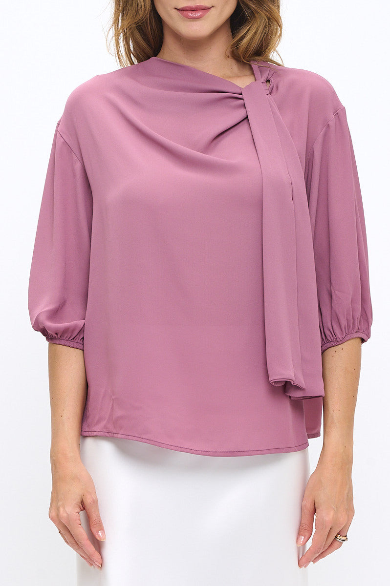 Solid Sheer 3/4 Sleeve with Scarf Detail-2