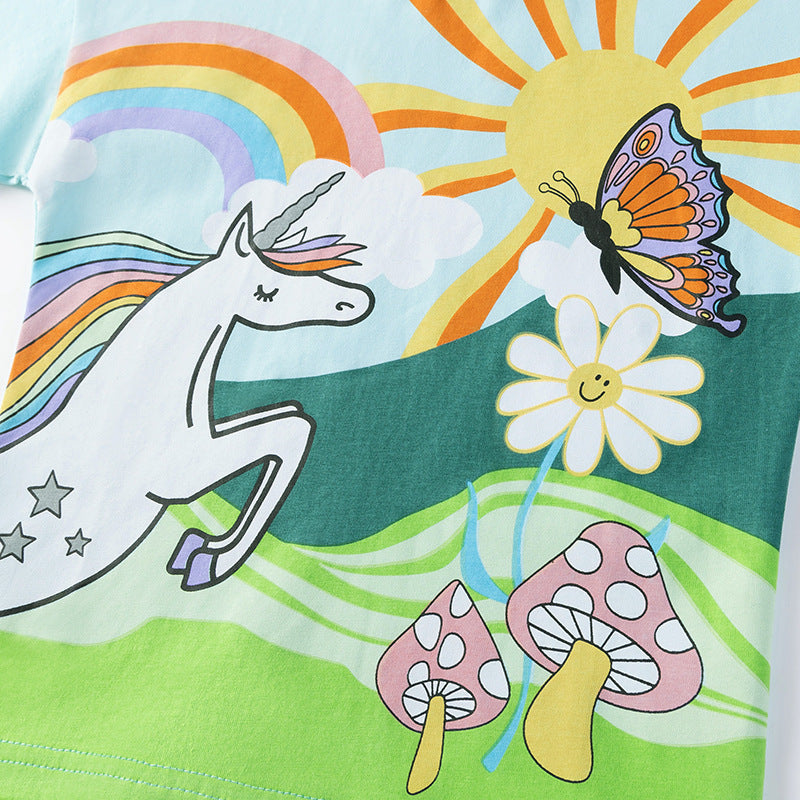 Kids’ Unicorn Cartoon Pattern Short Sleeves T-shirt in European and American Style for Summer-1