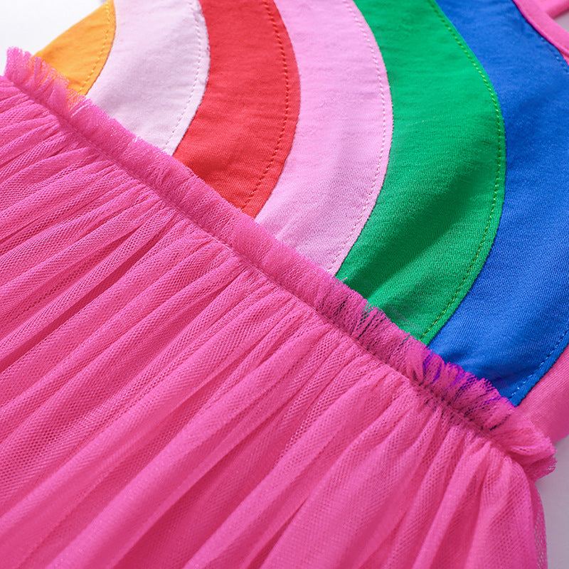 Summer Arrival Rainbow Pattern Short Sleeves Tulle Patchwork Dress for Stylish Girls-1