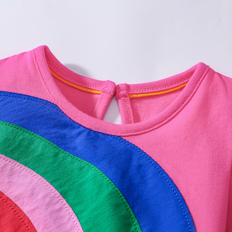 Summer Arrival Rainbow Pattern Short Sleeves Tulle Patchwork Dress for Stylish Girls-3