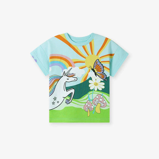 Kids’ Unicorn Cartoon Pattern Short Sleeves T-shirt in European and American Style for Summer-0