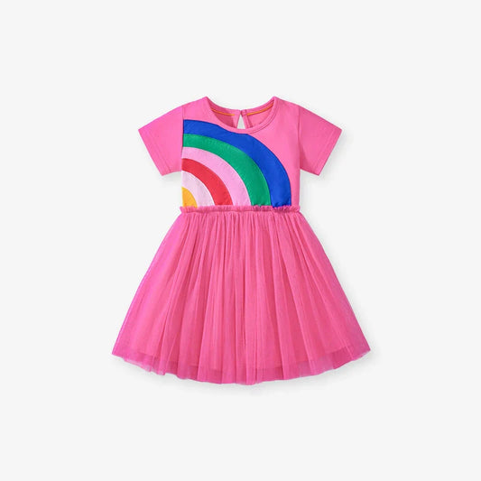 Summer Arrival Rainbow Pattern Short Sleeves Tulle Patchwork Dress for Stylish Girls-0